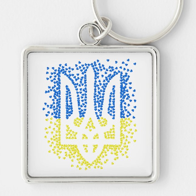 Ukrainian emblem trident tryzub scattering hearts keychain (Front)