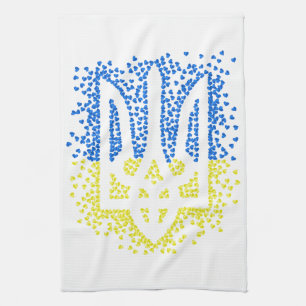 Ukrainian emblem trident tryzub scattering hearts kitchen towel