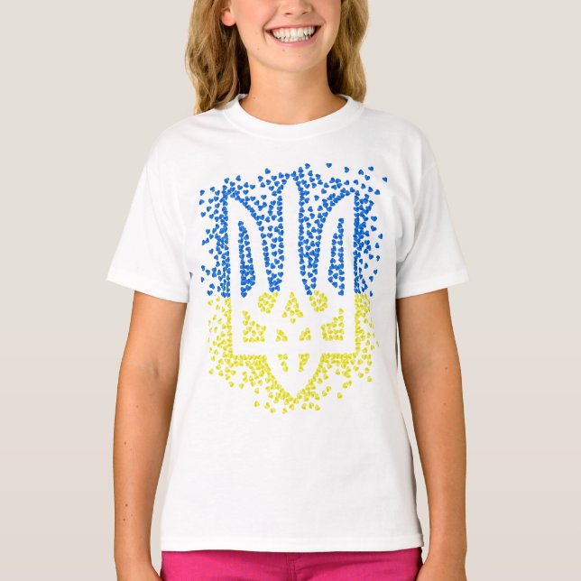 Ukrainian emblem trident tryzub scattering hearts T-Shirt (Front)