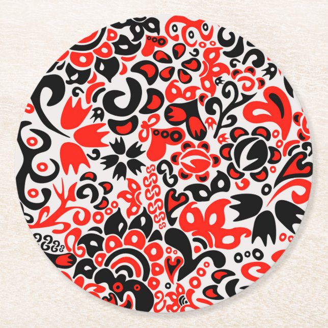 Ukrainian ethnic folk art floral pattern absrtact  round paper coaster (Front)