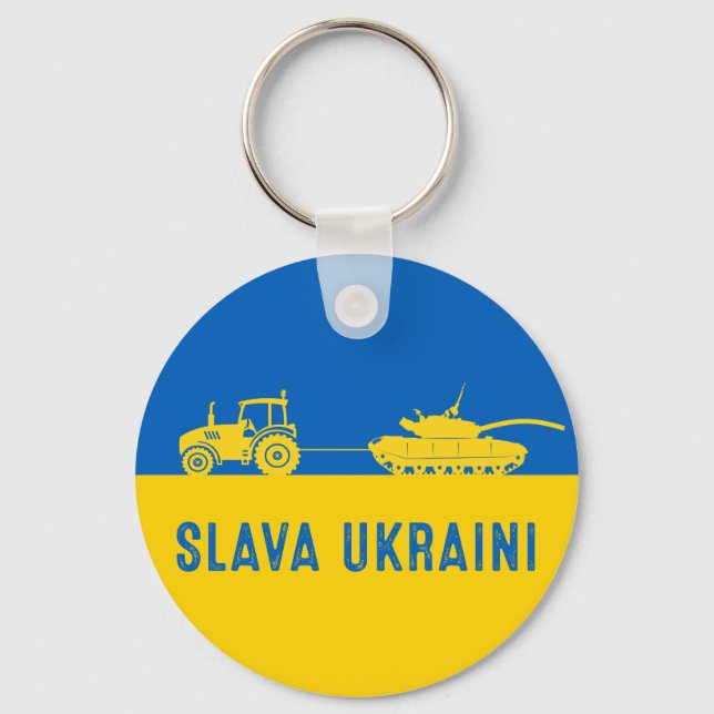 Ukrainian farmer steals tank towing Russia tank Keychain (Front)