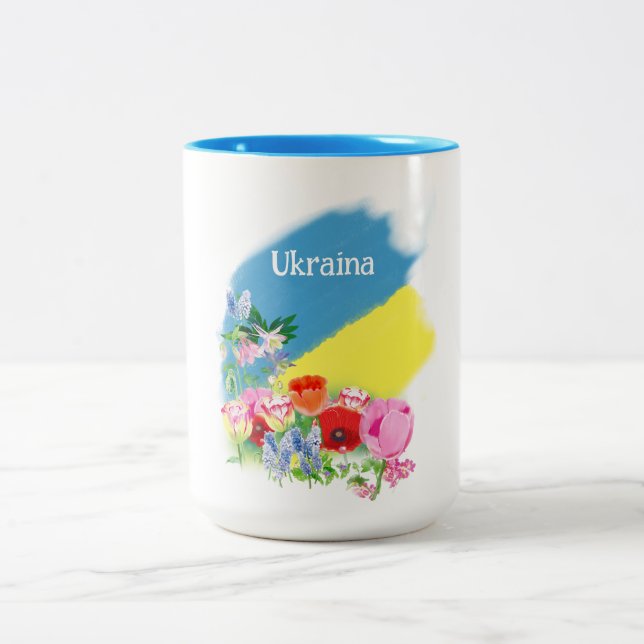 Ukrainian flag and flowers Two-Tone coffee mug (Center)