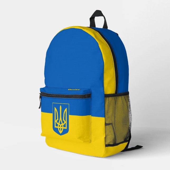 Ukrainian Flag Backpack, Tryzub & Ukraine Bag, Printed Backpack (Back Corner Right)