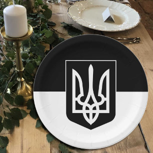 Ukrainian flag, Emblem & Ukraine - Black / White Paper Plate