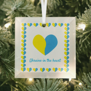Ukrainian flag on heart simple design glass ornament
