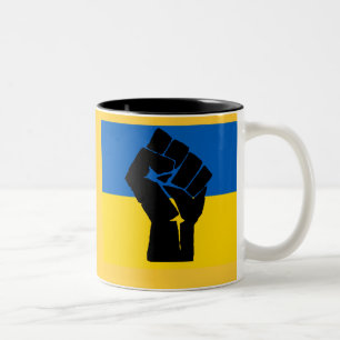 Ukrainian Flag with Black Fist Two-Tone Coffee Mug