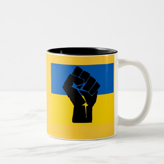 Ukrainian Flag with Black Fist Two-Tone Coffee Mug (Right)
