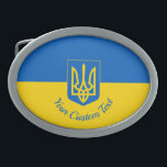 Ukrainian flag with coat of arms and custom text belt buckle<br><div class="desc">Belt buckle with the flag of Ukraine,  a blue and yellow flag with the Ukrainian coat of arms (emblem) with a trident in the centre,  and a custom text template for your message</div>