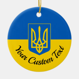 Ukrainian flag with coat of arms and custom text ceramic ornament