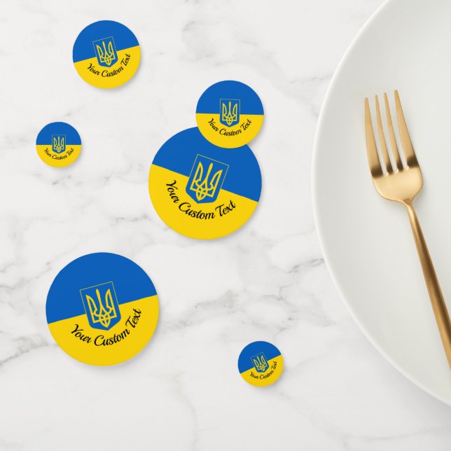 Ukrainian flag with coat of arms and custom text confetti (Group)