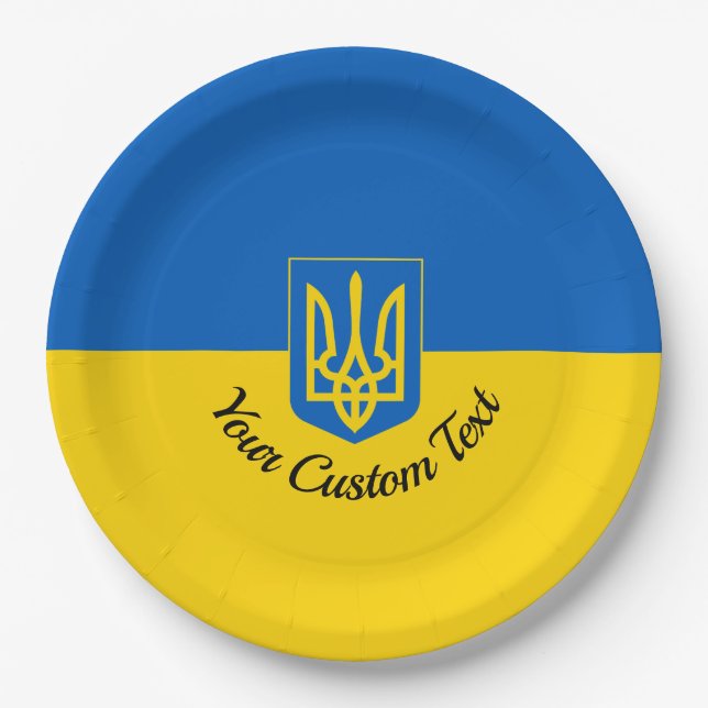 Ukrainian flag with coat of arms and custom text paper plate (Front)