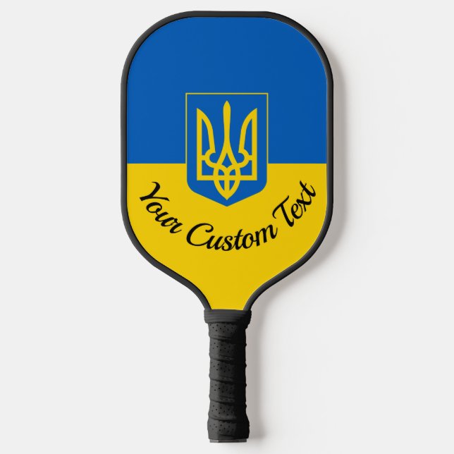 Ukrainian flag with coat of arms and custom text pickleball paddle (Front)