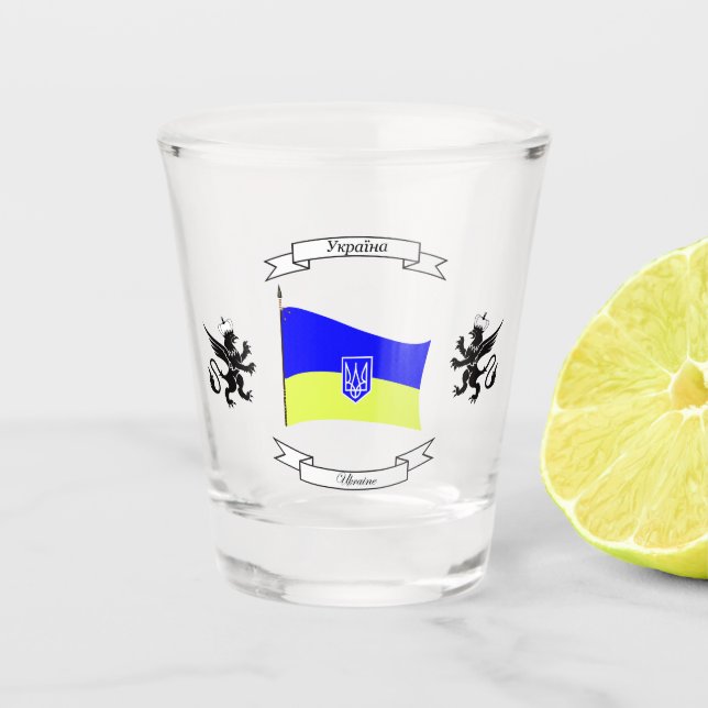 Ukrainian flag with coat of arms and lions shot glass (Front)