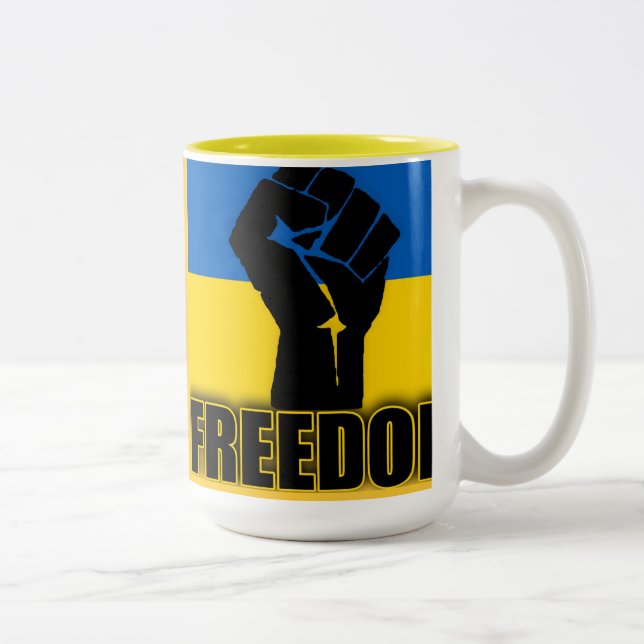 Ukrainian Flag with Fist for FREEDOM Two-Tone Coffee Mug (Right)