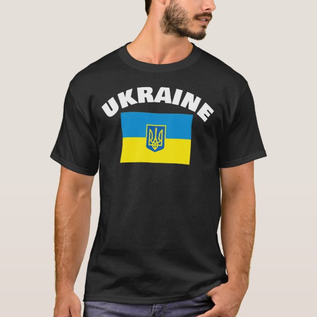 Ukrainian Flag with Tryzub Shield T-Shirt (Front)