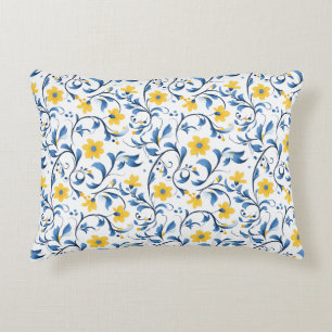Ukrainian floral folk art motifs. Blue and yellow. Accent Pillow