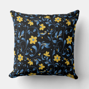 Ukrainian floral folk art motifs. Blue and yellow. Throw Pillow