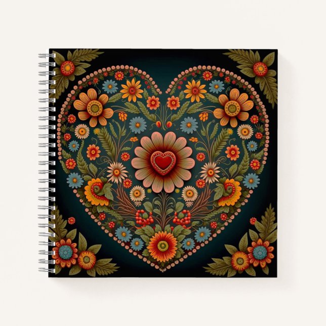 Ukrainian Folk Art - Inspired Heart in Multi Colou Notebook (Front)