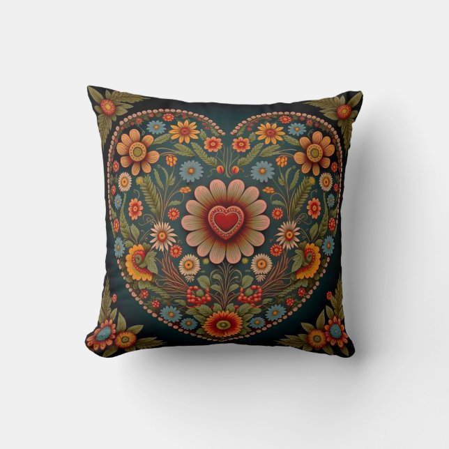 Ukrainian Folk Art - Inspired Heart in Multi Colou Throw Pillow (Front)