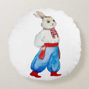 Ukrainian folk costume watercolor stylized rabbit round pillow