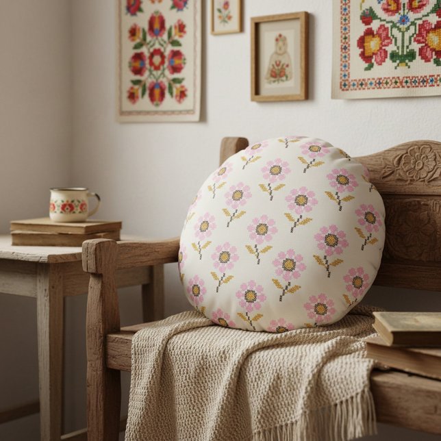 Ukrainian Folk Cross Stitch Embroidery Floral  Round Pillow (Creator Uploaded)