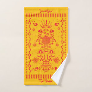 Ukrainian Folk Floral Yellow Red Vase Birds Design Bath Towel Set