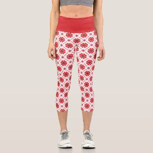 Ukrainian Folk Geometric Pattern Red Black White Capri Leggings