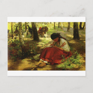 Ukrainian Girl Embroiders Postcard