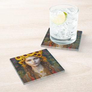 Ukrainian Girl of Amulets & Sunflowers   Glass Coaster
