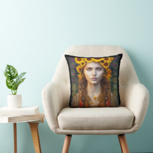 Ukrainian Girl of Amulets & Sunflowers Throw Pillow