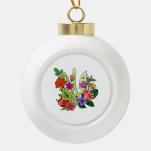 Ukrainian heraldry trident tryzub blooming flowers ceramic ball christmas ornament