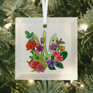 Ukrainian heraldry trident tryzub blooming flowers glass ornament