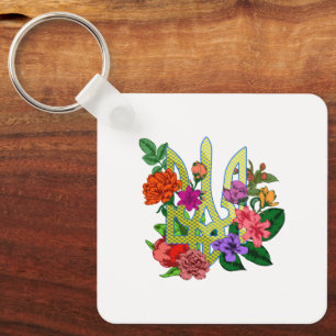 Ukrainian heraldry trident tryzub blooming flowers keychain
