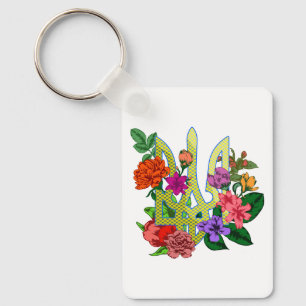 Ukrainian heraldry trident tryzub blooming flowers keychain