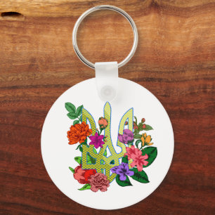 Ukrainian heraldry trident tryzub blooming flowers keychain