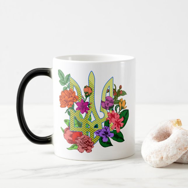Ukrainian heraldry trident tryzub blooming flowers magic mug (With Donut)