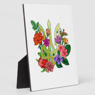 Ukrainian heraldry trident tryzub blooming flowers plaque