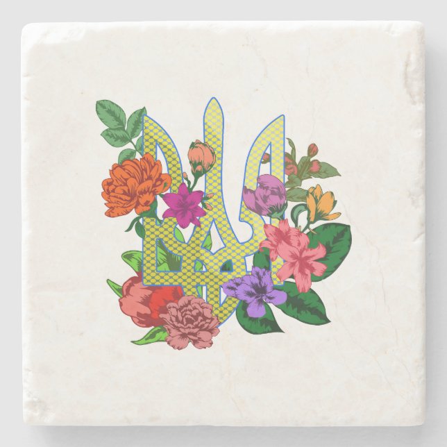 Ukrainian heraldry trident tryzub blooming flowers stone coaster (Front)