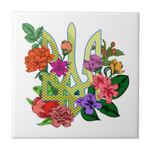 Ukrainian heraldry trident tryzub blooming flowers tile
