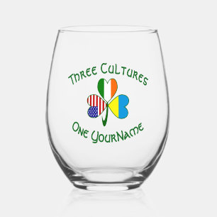 Ukrainian Irish American Flag Shamrock Personalize Stemless Wine Glass