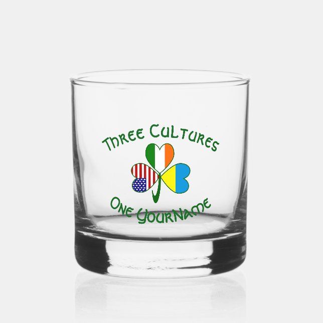 Ukrainian Irish American Flag Shamrock Personalize Whiskey Glass (Front)