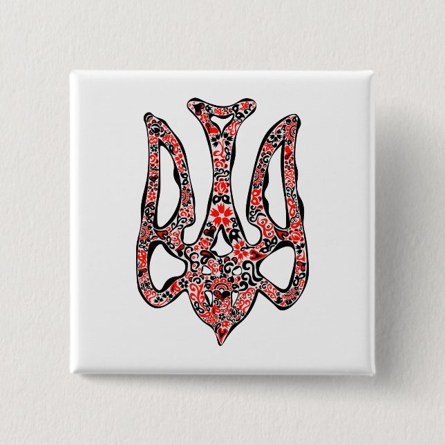 Ukrainian national emblem trident tryzub stylized 2 inch square button (Front)