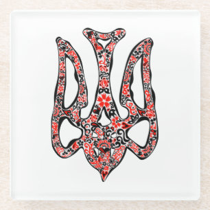 Ukrainian national emblem trident tryzub stylized glass coaster