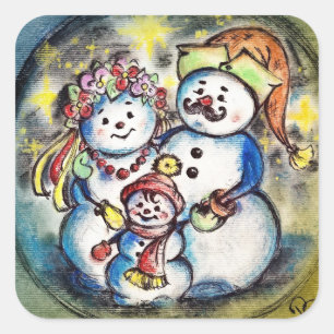Ukrainian Snowmen Family Square Sticker