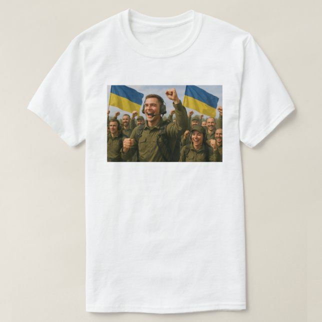 Ukrainian Soldiers Celebrate Victory Together T-Shirt (Design Front)