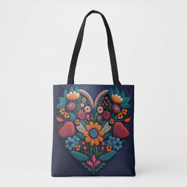 Ukrainian-style Heart of Flowers Tote Bag (Front)