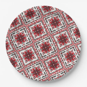 Ukrainian traditional vushuvanka folk art red. paper plate
