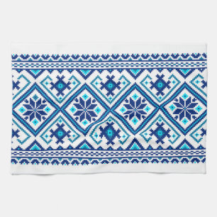 Ukrainian traditional vushuvanka folk pattern blue kitchen towel