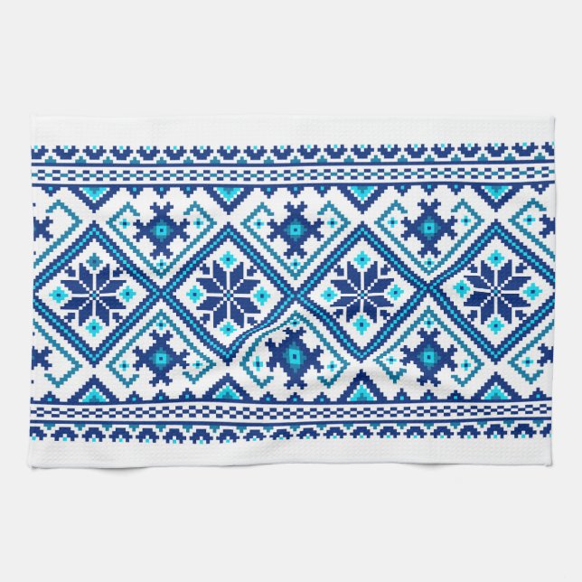 Ukrainian traditional vushuvanka folk pattern blue kitchen towel (Horizontal)