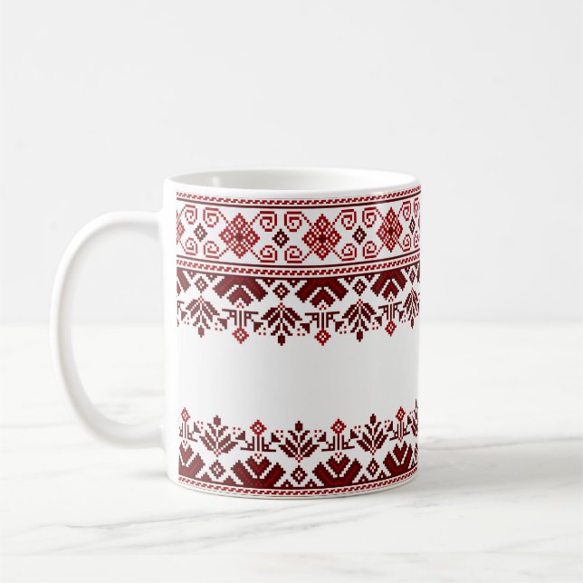 Ukrainian traditional vushuvanka folk pattern red coffee mug (Left)